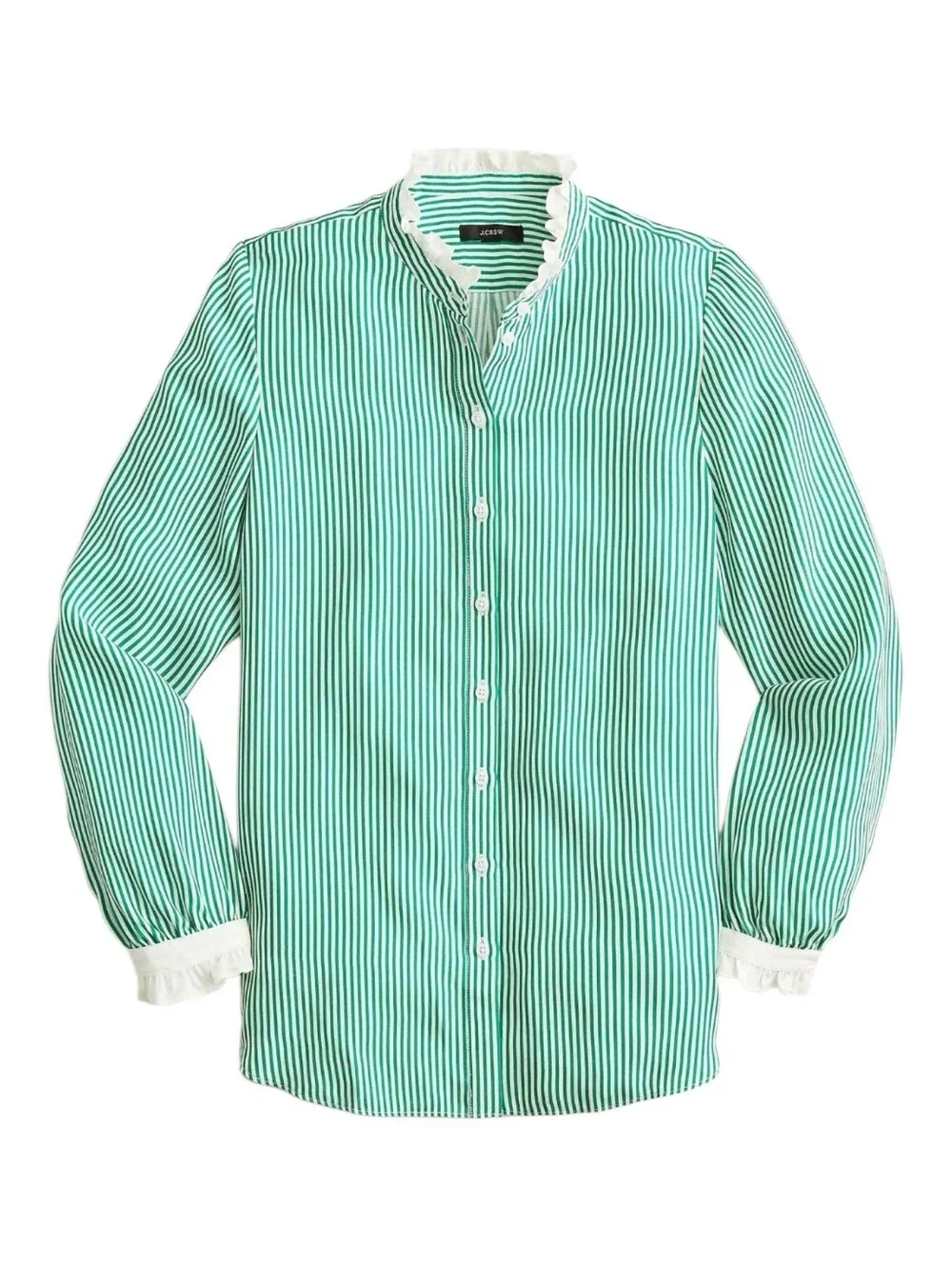 J Crew Womens Kelly Green Striped Cupro Blend Ruffle Trim Button Up Shirt Small